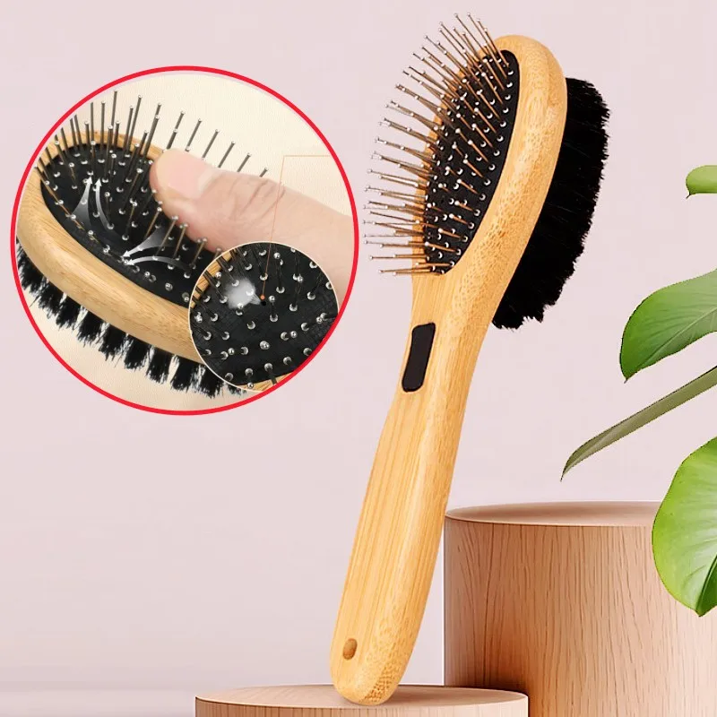 Peine para perros, cepillo de doble cara para perros, cepillo de bambú para el cuidado de perros, removedor de pelo para mascotas, peines de masaje para cepillos de limpieza de nudos de pelo de gato