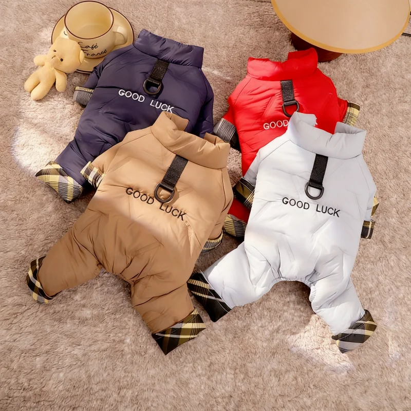 Ropa de invierno para perros, chaqueta para perros con letras sólidas, monos gruesos impermeables, abrigo cálido para mascotas de cuatro patas, disfraz de Parka para Chihuahua y perro salchicha