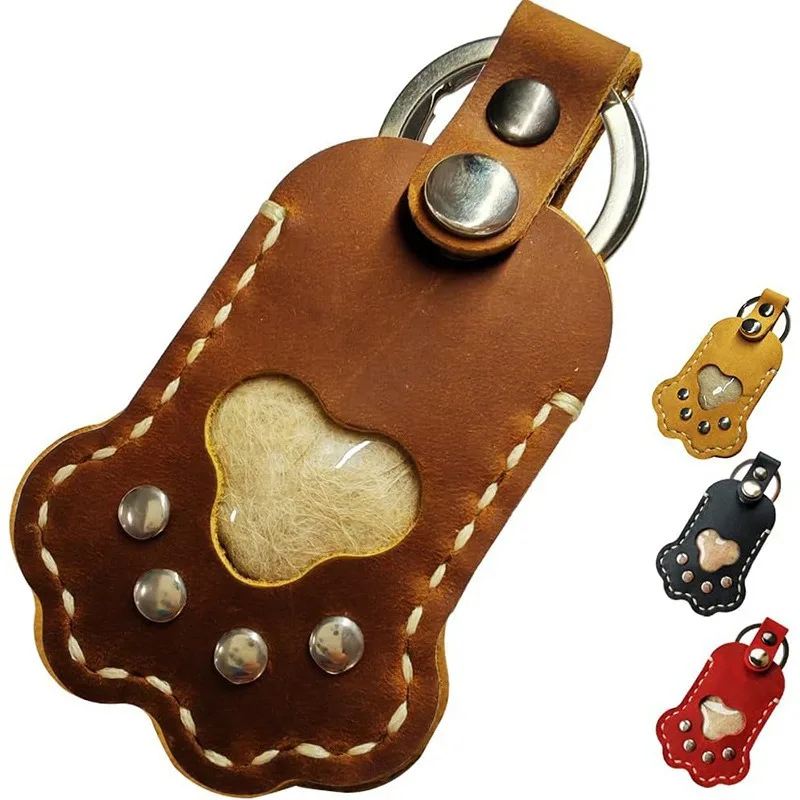 Bolsa de recuerdo de pelo de mascota conmemorativa, llavero de cuero con forma de pata de gato, llavero conmemorativo hecho a mano para perros y gatos