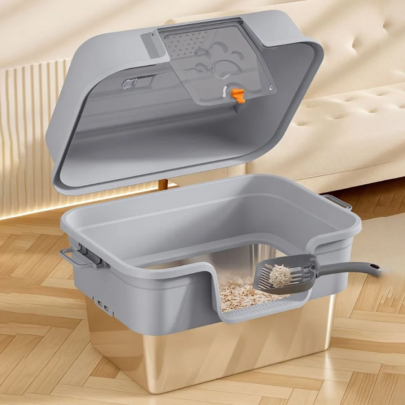 Caja de arena para gatos de acero inoxidable, inodoro grande totalmente cerrado para gatos, bandeja de arena para gatos y mascotas, suministros para mascotas y gatitos autolimpiantes - imagen 4