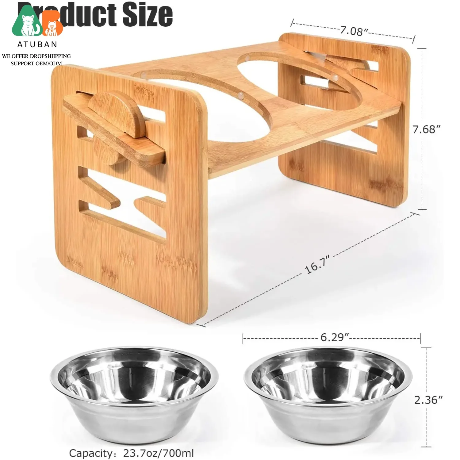 Comedero elevable de bambu para perros y gatos - antideslizante - imagen 4