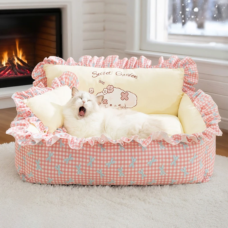 Camas grandes de lujo para gatos, almohada lavable y extraíble para dormir, nido para mascotas cómodo y cálido, suministros universales para las cuatro estaciones