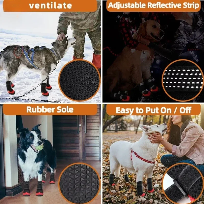 Caminar 4 Uds. Zapatos para perros impermeables, zapatos para perros pequeños y grandes, cinta reflectante transpirable, producto antideslizante para caminar para perros - imagen 3