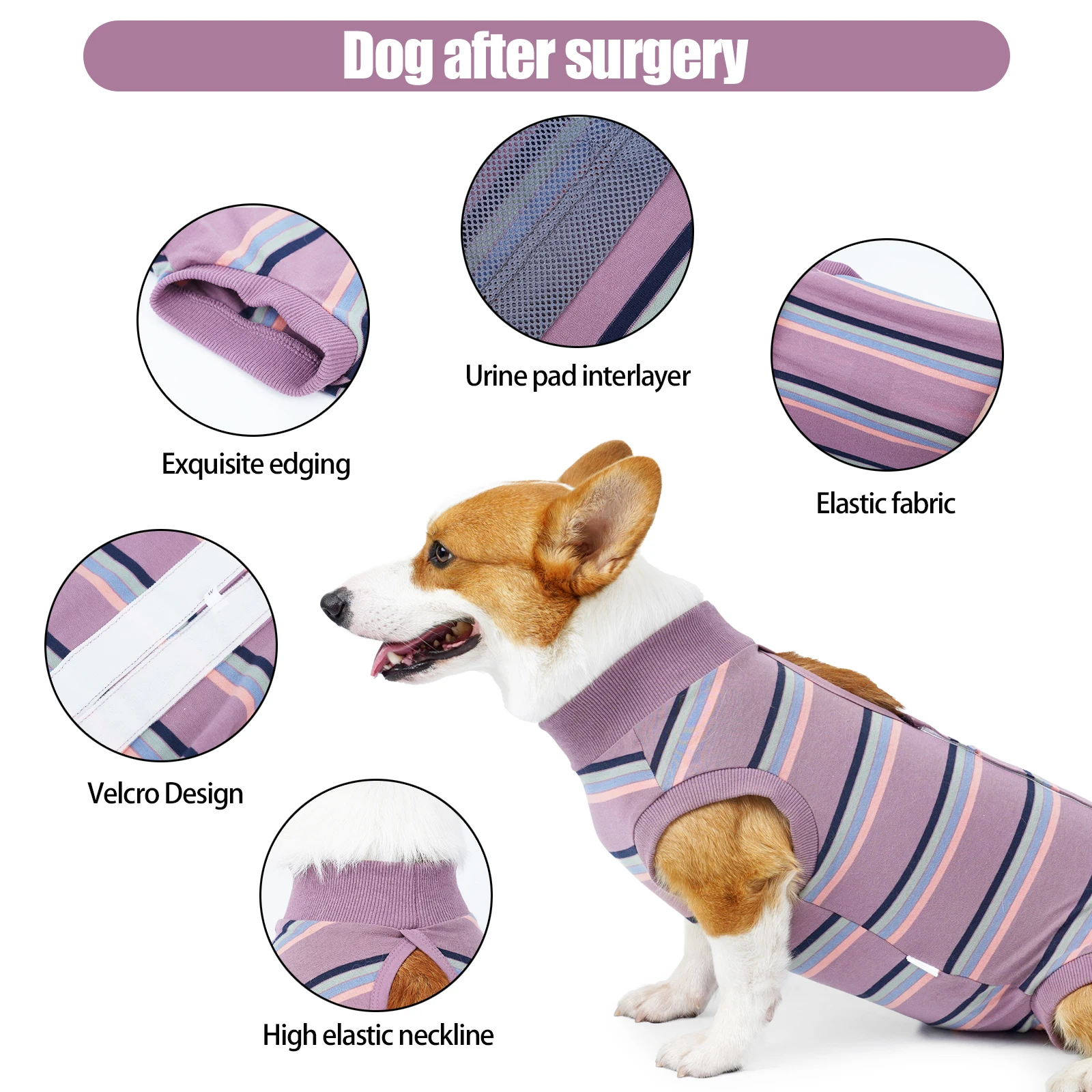 Traje de recuperación de rayas para perros después de la cirugía, camisa profesional de recuperación de mascotas, vendas para heridas abdominales, almohadillas para pañales disponibles - imagen 3