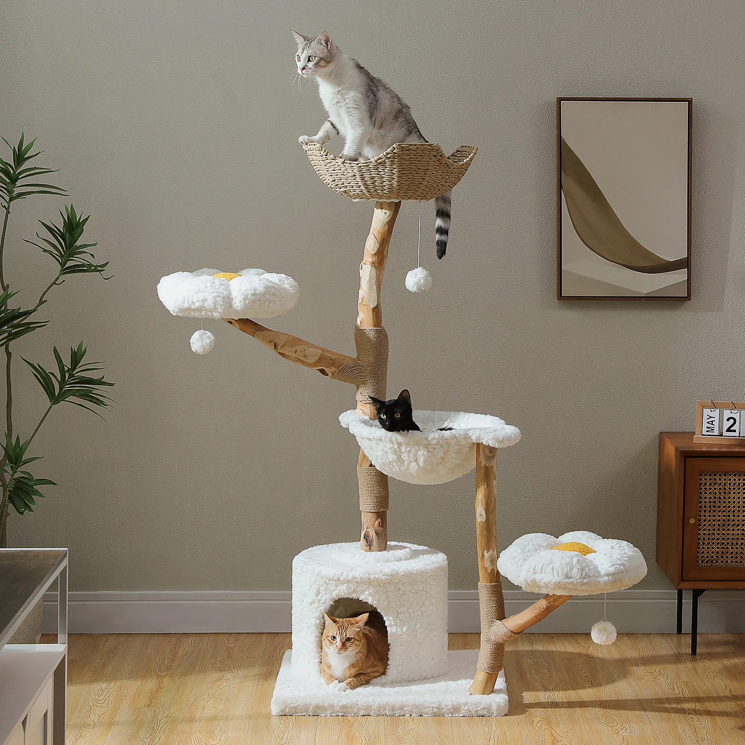 Torre grande de árbol para gatos con poste rascador de Sisal, cesta de mimbre, cama, flor, Condo para gatos, muebles modernos para interiores, accesorios para gatos - imagen 2