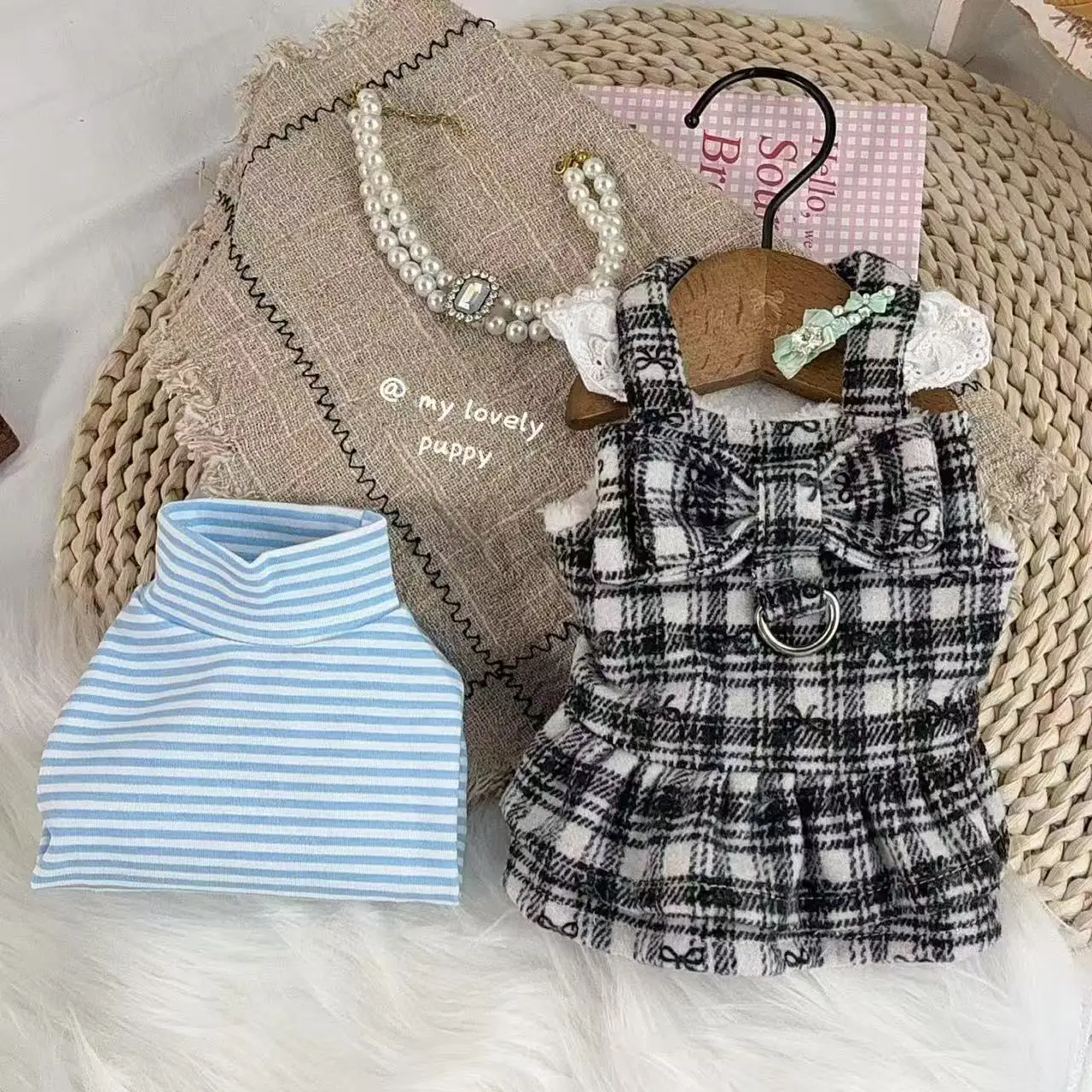 Falda con tirantes y lazo a cuadros para perros pequeños, abrigo cálido para perros con diseño de tracción, ropa de punto para cachorros y gatos, otoño e invierno - imagen 4