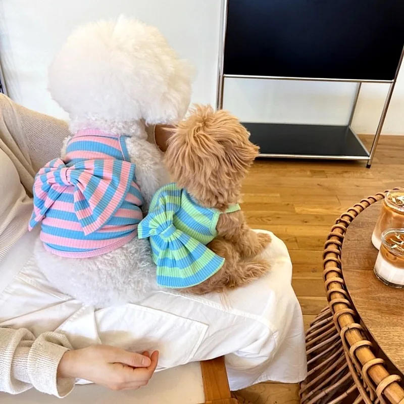 Camiseta sin mangas a rayas para mascotas, camiseta sin mangas fina con lazo grande para gato Yorkshire, ropa fresca para cachorros y perros pequeños, primavera/verano - imagen 5