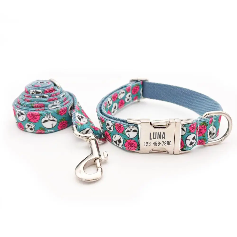 Collar para perro con nombre grabado – Diseño calavera y rosa