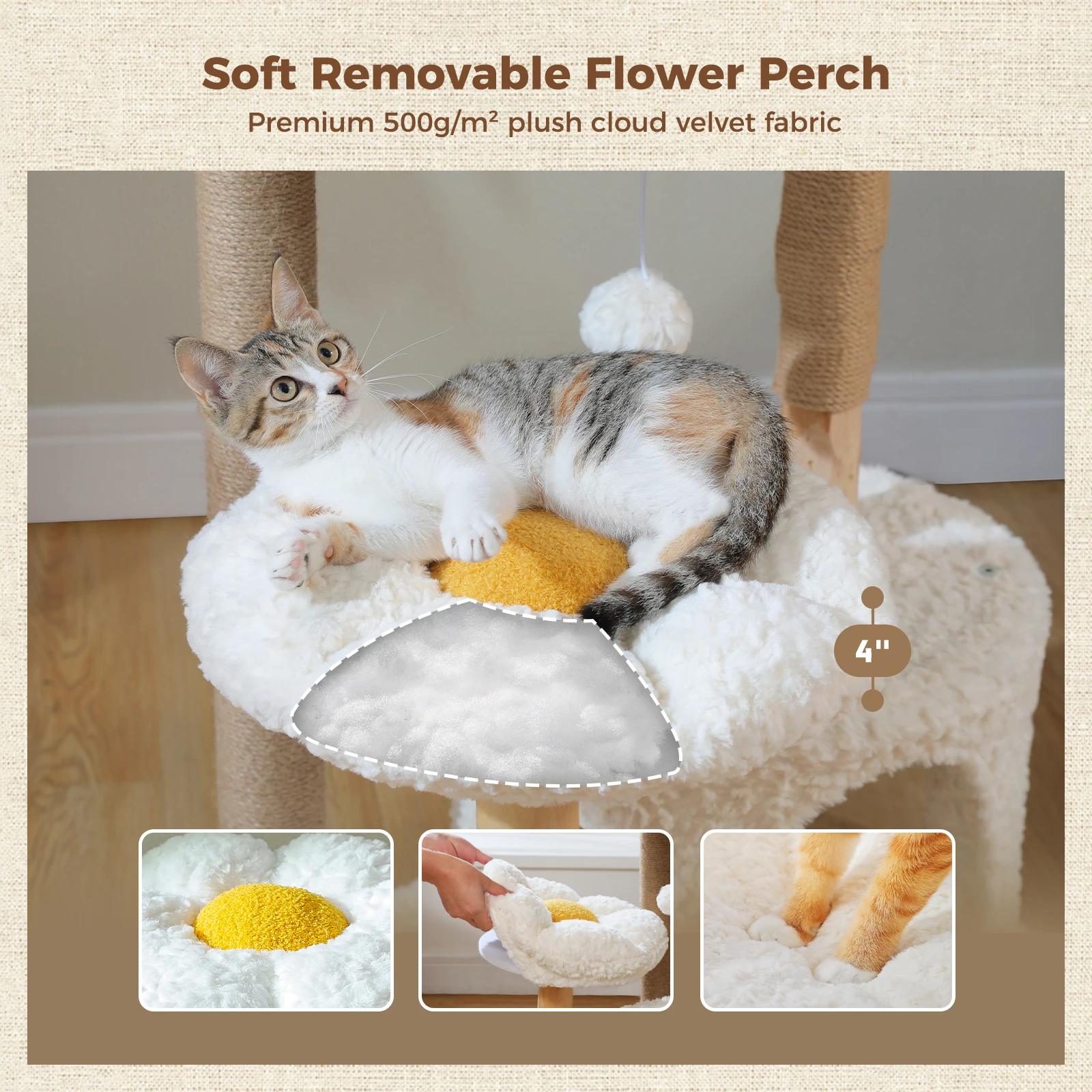 Árbol para gatos moderno para gatos de interior, torre para gatos de madera maciza con Condo de lujo, hamaca acogedora, poste rascador, cama para gatos con flores, juguetes para gatos - imagen 4