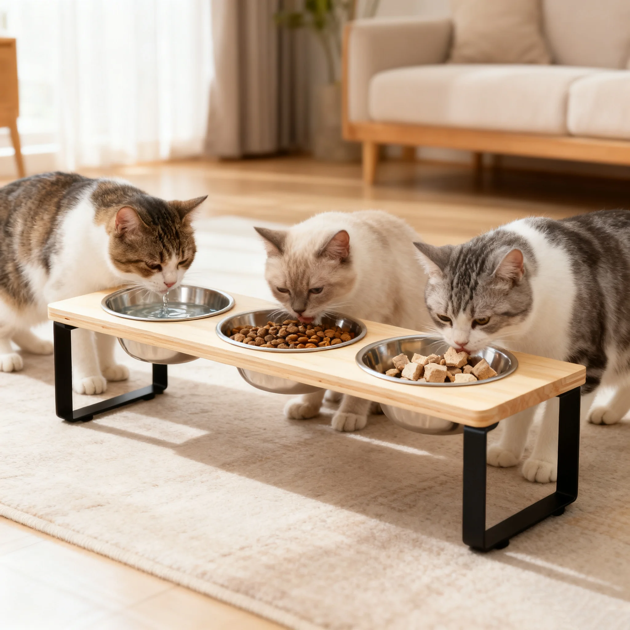 Cuencos elevados para gatos con 3 cuencos de acero inoxidable |   10 °   Cuencos de comida para gatos elevados antivómitos inclinados para gatos pequeños y cachorros de mascotas - imagen 2