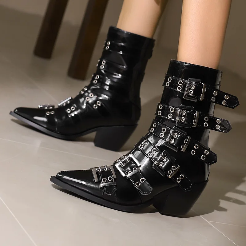 2025 Botas cortas con hebilla de cinturón estilo Punk puntiagudo a la moda para mujer, botas sexis europeas y americanas para banquetes y discotecas - imagen 4