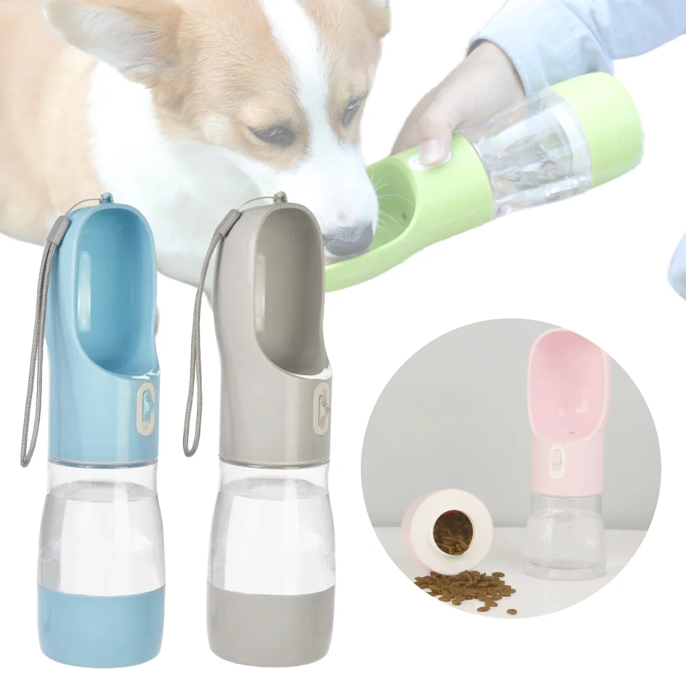 Botella de agua portátil 2 en 1 para perros con contenedor de comida para mascotas grandes y pequeñas, tazón alimentador de agua, dispensador de agua, suministros para Chihuahua
