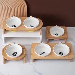 Cuenco doble para mascotas de dibujos animados, soporte alimentador de agua para comida de gato y perro, plato de cerámica elevado, mesa de madera, suministros para mascotas, cuencos para gatos