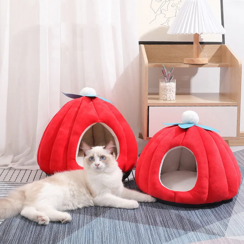 Cama suave y cálida para gato, casa antideslizante con forma de calabaza de dibujos animados, nido interior para mascotas, suministros para mascotas, Invierno