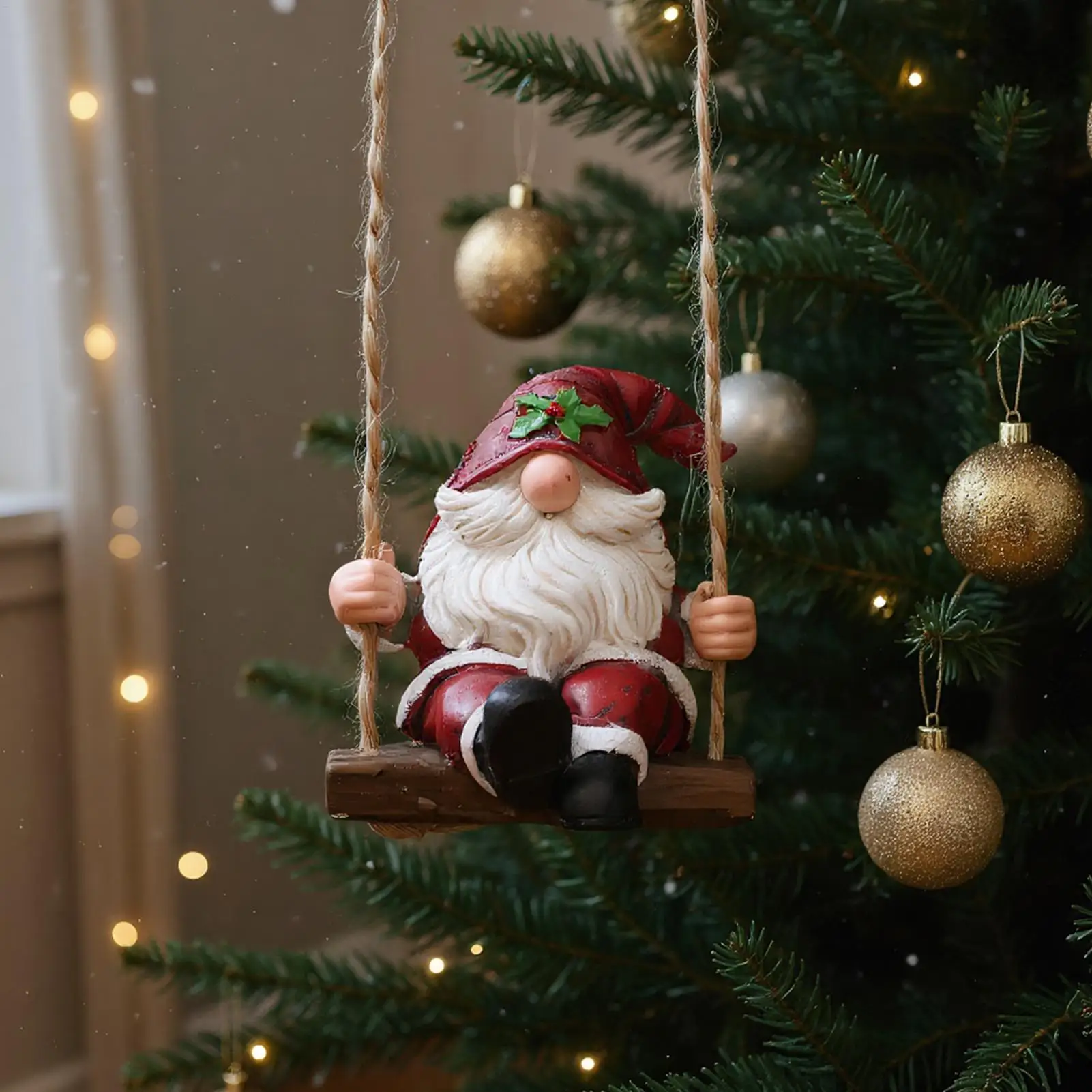 Estatuilla de Gnomo de Navidad en columpio, escultura decorativa, estatuilla decorativa de resina, adorno para interior y exterior, patio, césped - imagen 4