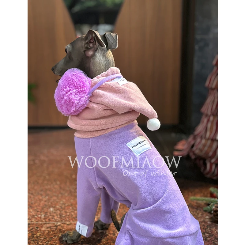 Mono de lujo de invierno de 4 patas púrpura y rosa con sombrero para disfraz de moda de galgo para Wellington, ropa gruesa y cálida para perros - imagen 3