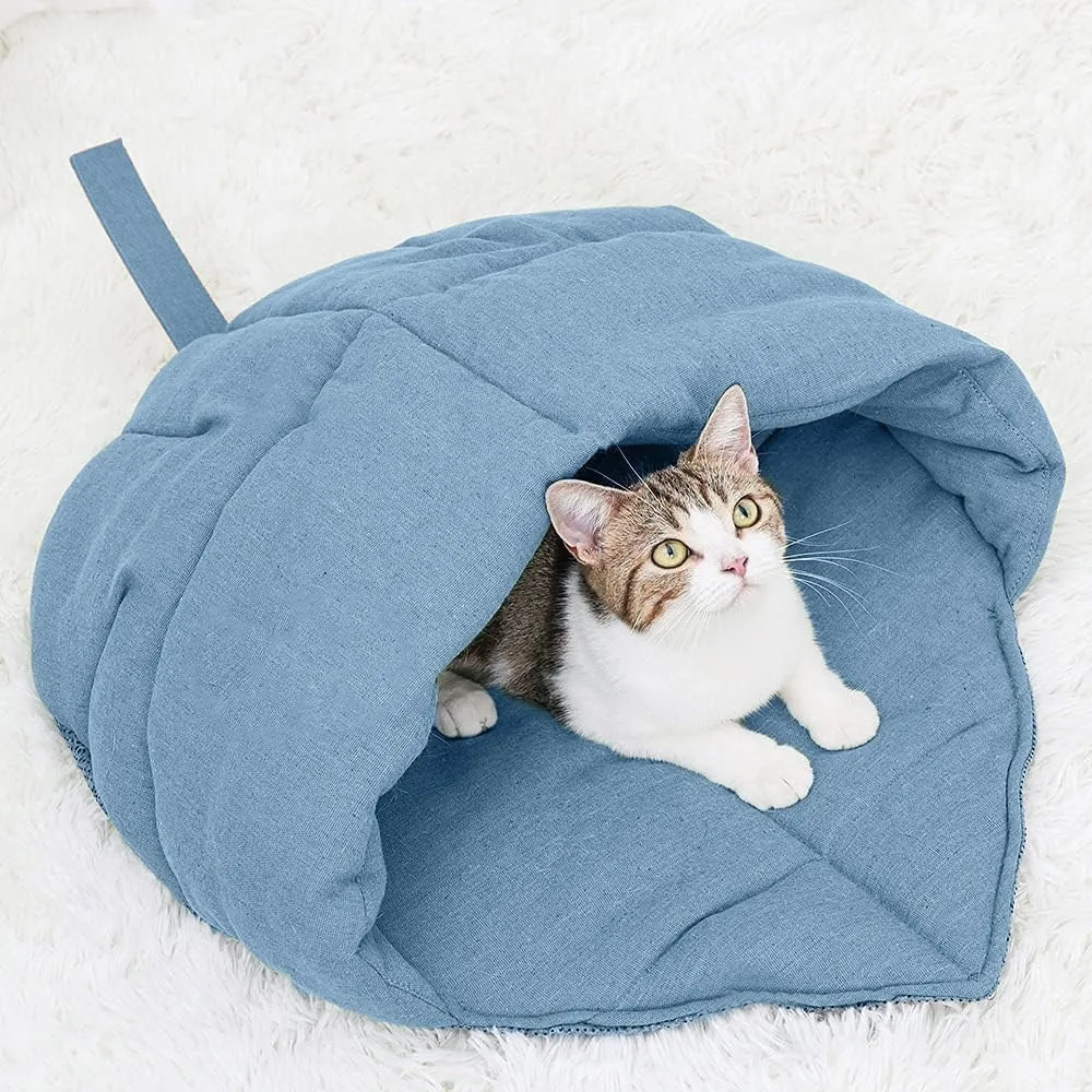 Cama de cueva para gatos esponjosa con techo de hojas: escondite antiansiedad térmico, lavable y transpirable para gatos y cachorros de interior - imagen 5
