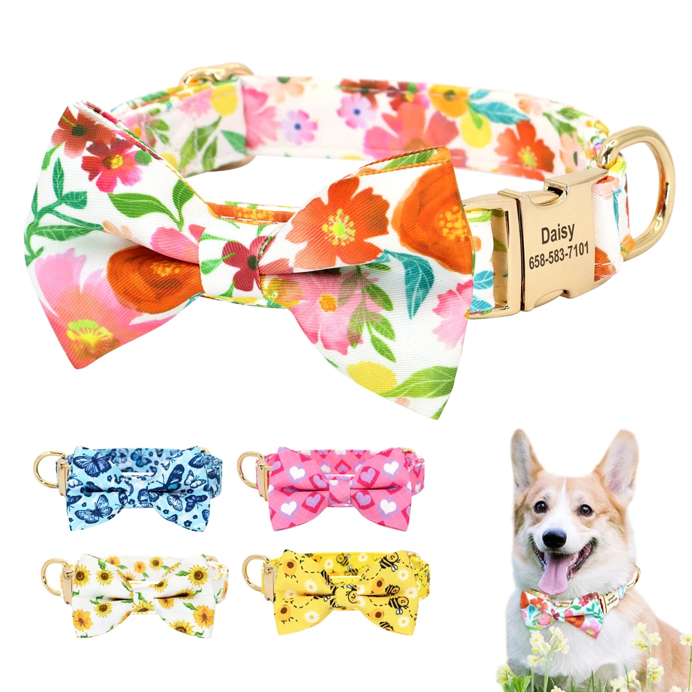 Collar personalizado para perros con estampado floral y pajarita en colores rojo y blanco