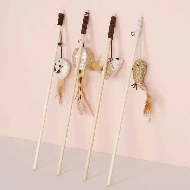 Juguetes interactivos para gatos, varita de lino de plumas, palo Teaser para gatos, varilla de madera, ratón de juguete con Mini campana - imagen 2