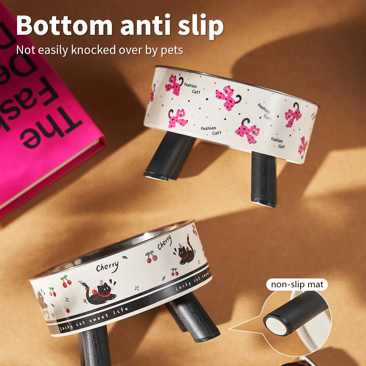 Un cuenco para mascotas de acero inoxidable estampado a la moda para alimentar y agua, cuenco para gatos de patas altas con protección para el cuello, alimentación de perros de dibujos animados - imagen 2