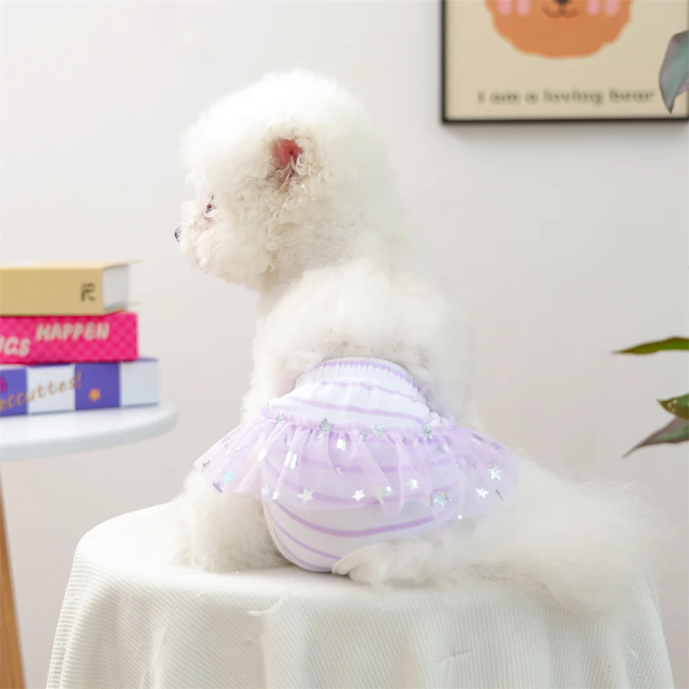 Pantalones fisiológicos protectores para perros pequeños, calzoncillos a rayas para mascotas con encaje, pantalones cortos de seguridad de Pomerania y Yorkshire - imagen 3