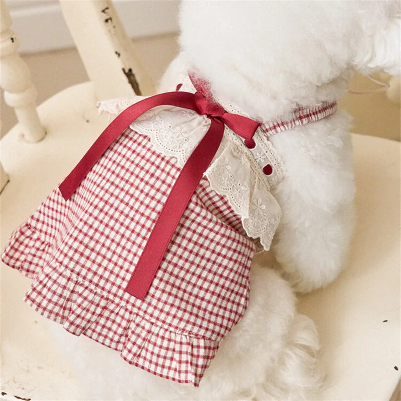 Vestido de tirantes para primavera/verano para mascotas, bonito tocado con lazo, lazo para perro, vestido de princesa a cuadros de encaje, tocado, ropa para cachorros pequeños - imagen 3