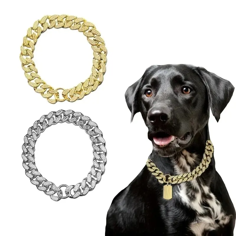 Collar de cadena de plástico con tachuelas de diamantes para perros medianos y grandes, Collar dorado de lujo, accesorios de joyería para mascotas, cadena cubana