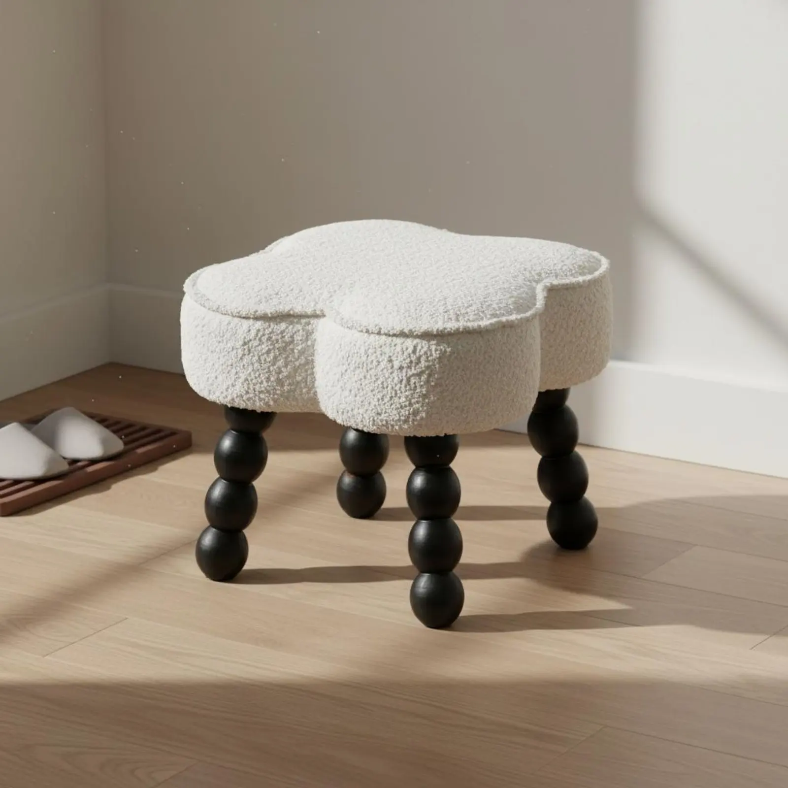 Taburete sherpa crema para gatos y perros con patas madera acolchado - imagen 4
