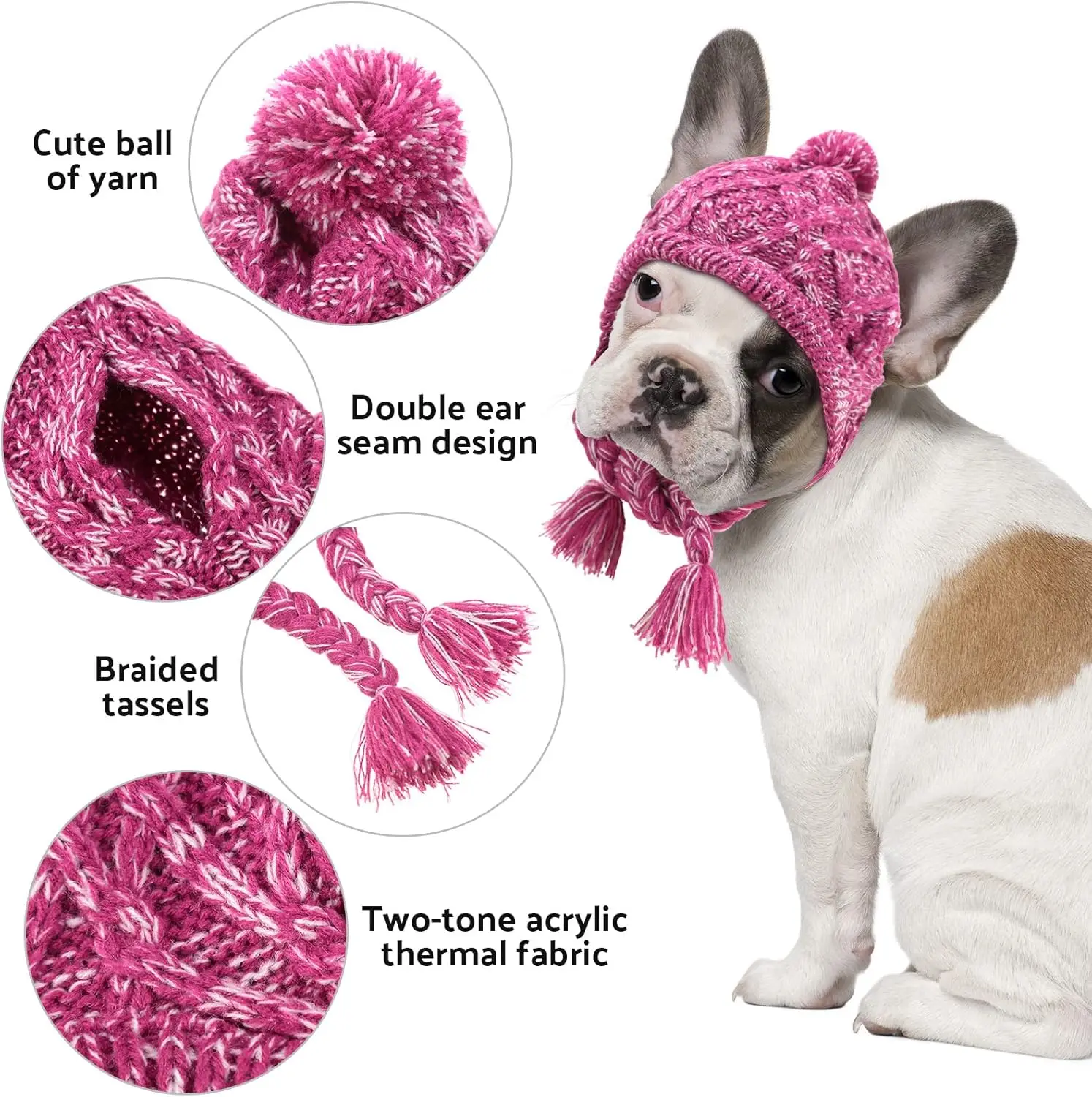 Gorro navideño para perros pequeños y medianos, gorro con pompón tejido cálido para invierno con Puffball, orificios para las orejas y accesorios para mascotas con borlas largas - imagen 2