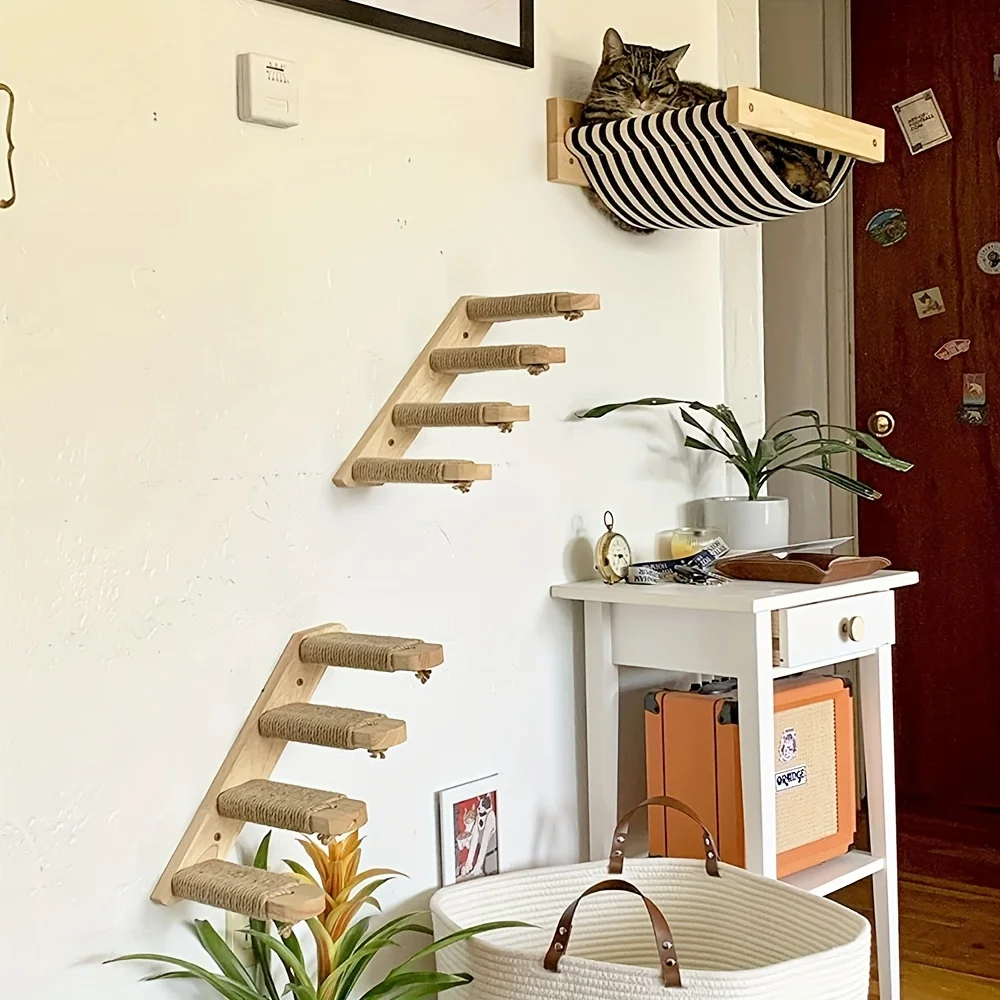 Estantes de escalada para gatos, hamaca montada en la pared con escalera y poste para rascar, plataforma de madera, muebles para mascotas, juguetes para gatitos - imagen 5