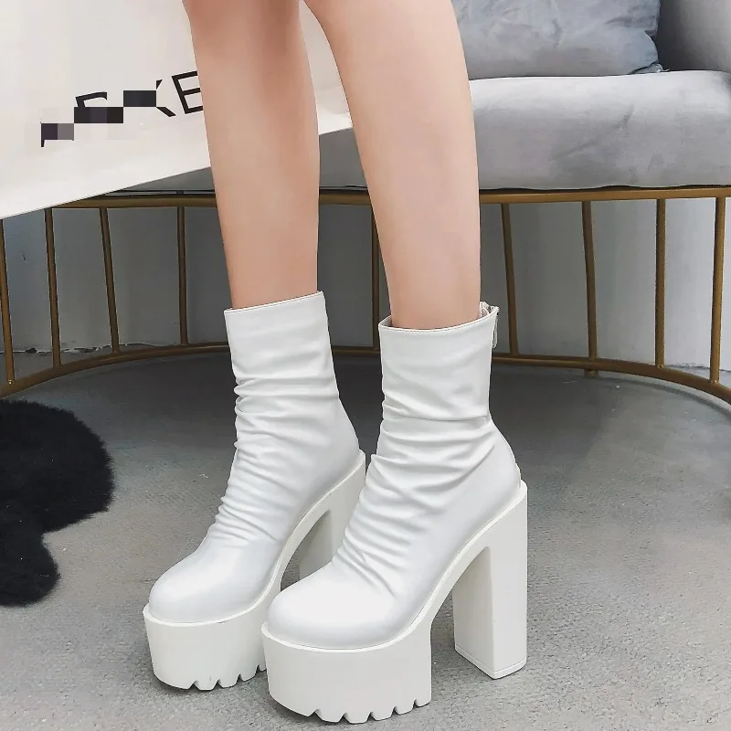 2025 Botas de invierno para mujer, plataforma impermeable, superficie plegable, cremallera, tacón grueso, botas cortas, zapatos casuales de moda - imagen 3