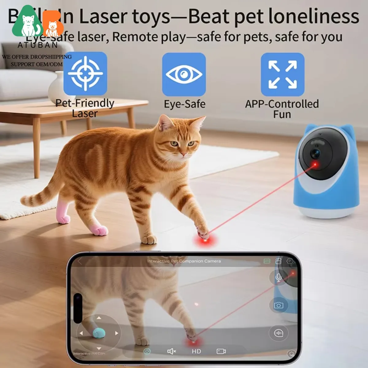 ATUBAN Monitor para mascotas, juguete láser interactivo automático para gatos, cámara inalámbrica para mascotas, Control giratorio, orientación, visor láser para mascotas - imagen 2