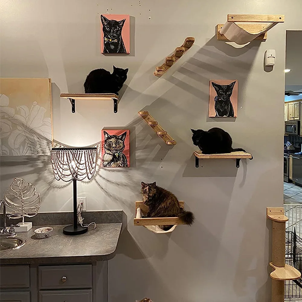 Muebles de madera montados en la pared para gatos, estantes para escalar escaleras con poste para rascar y perca para gatitos, cuidado y juego de las garras
