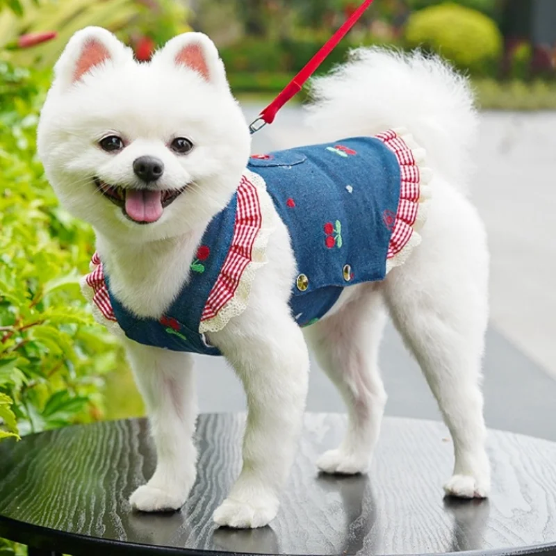 Conjunto de ropa para perros y gatos – Vestido de mezclilla con arnés - imagen 2