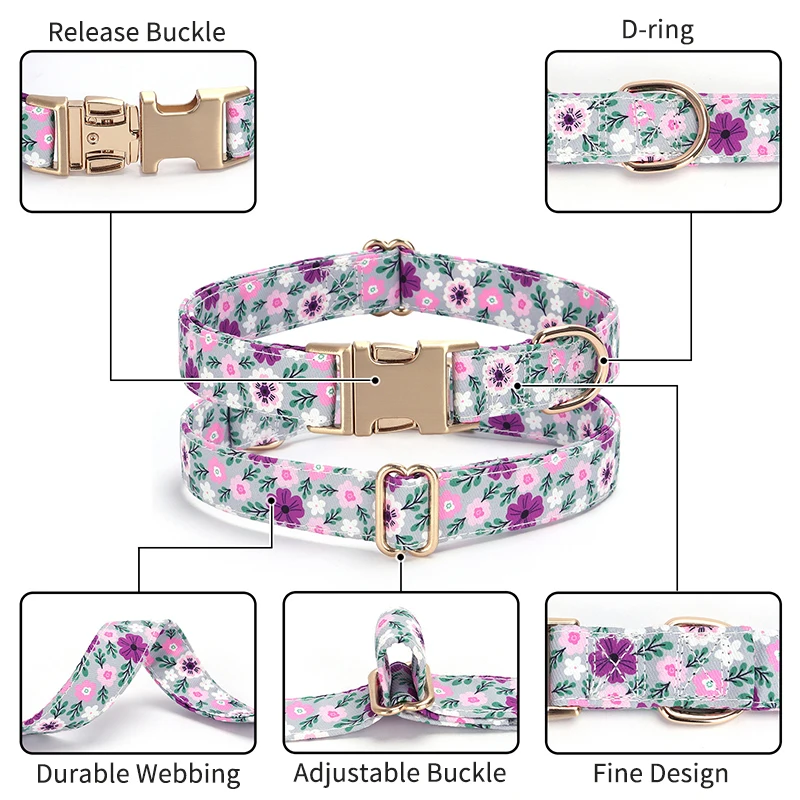 Collares con etiqueta de identificación de perro personalizados, collar de lujo para mascotas con estampado Floral, correa para el cuello para cachorro, collar ajustable para gato, suministros antipérdida para perros - imagen 5