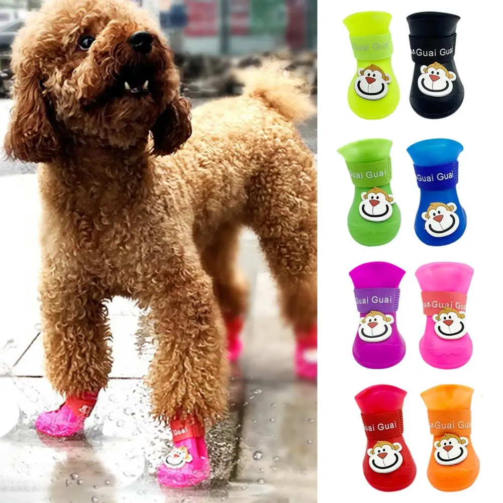 Botas de lluvia antideslizantes para mascotas, calzado elegante con diseño de dibujos animados, Color brillante, 4 piezas - imagen 4