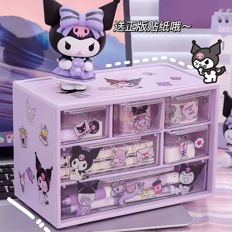 Sanrio-caja de almacenamiento de 6 rejillas, organizador transparente tipo cajón de escritorio, soporte para bolígrafo, enviar pegatinas de Cinnamoroll de melodía Kuromi
