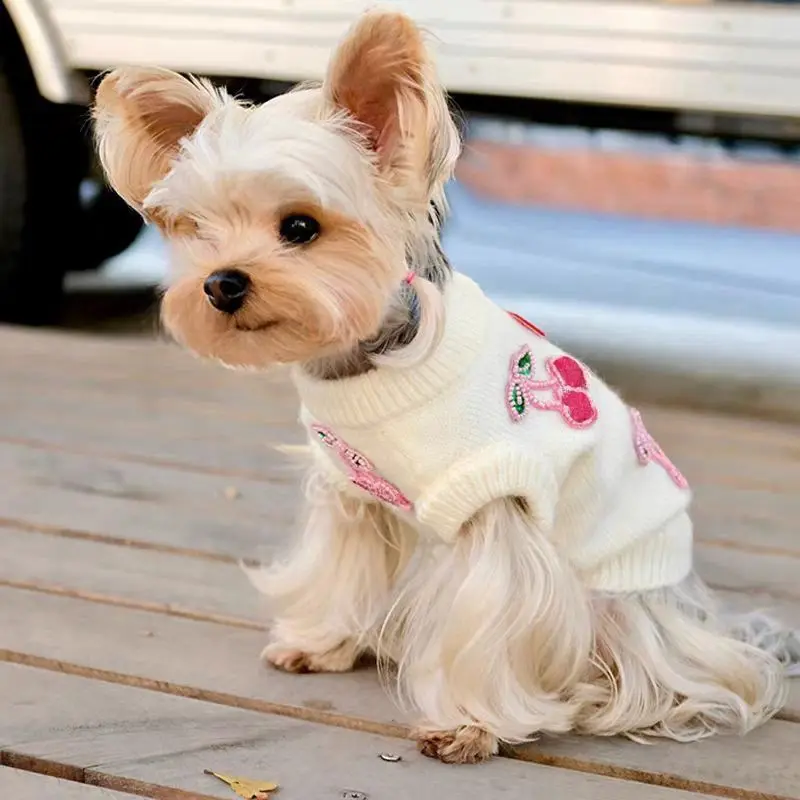 Otoño Invierno nuevo suéter para mascotas Estilo Princesa patrón de cereza perros pequeños maltés, Bichon Teddy prendas de punto suaves y cálidas para perros - imagen 2