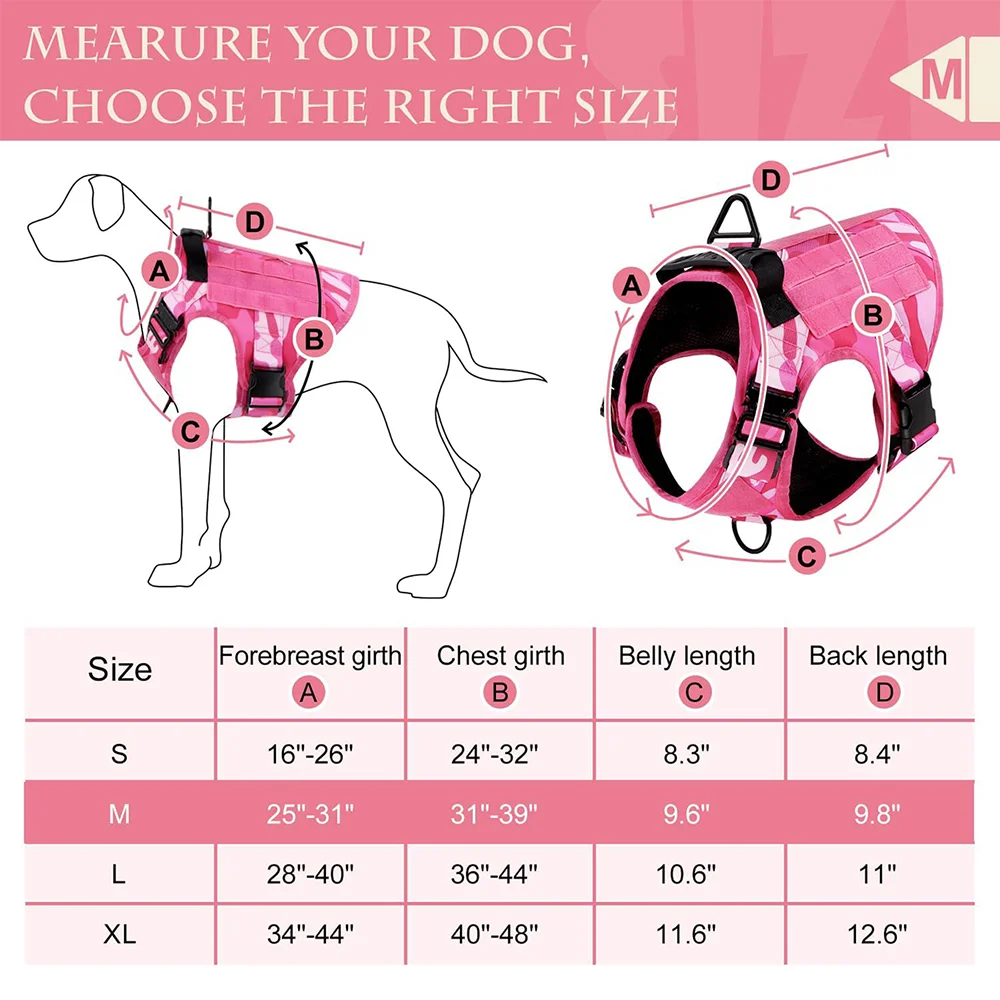 Arnés táctico rosa para perros, chaleco de servicio para perros grandes/medianos, accesorios para mascotas para entrenamiento y caminar de pastor alemán Labrador - imagen 2