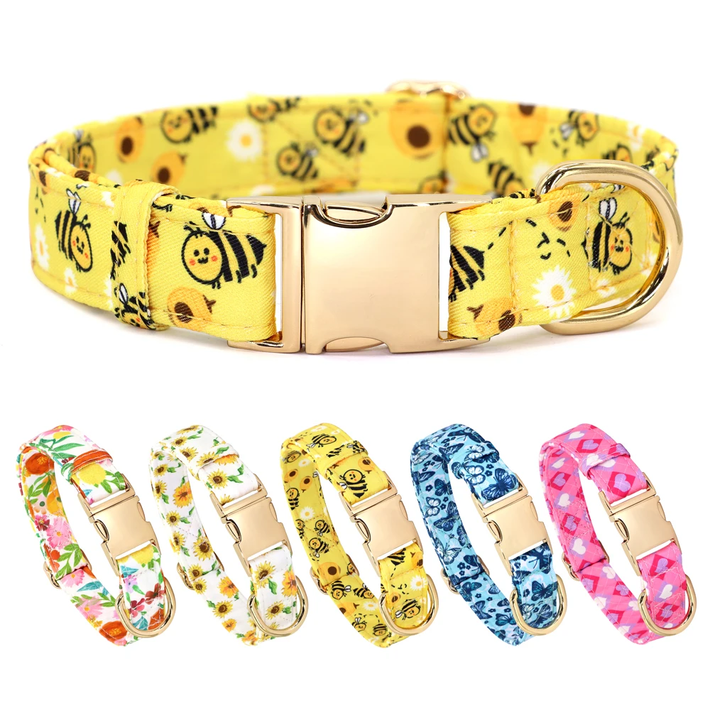 Collar de perro con flores de primavera, Collar ajustable de nailon para perro mascota, hebilla de Metal, estampado de abeja y flor para perros pequeños, medianos y grandes S M L