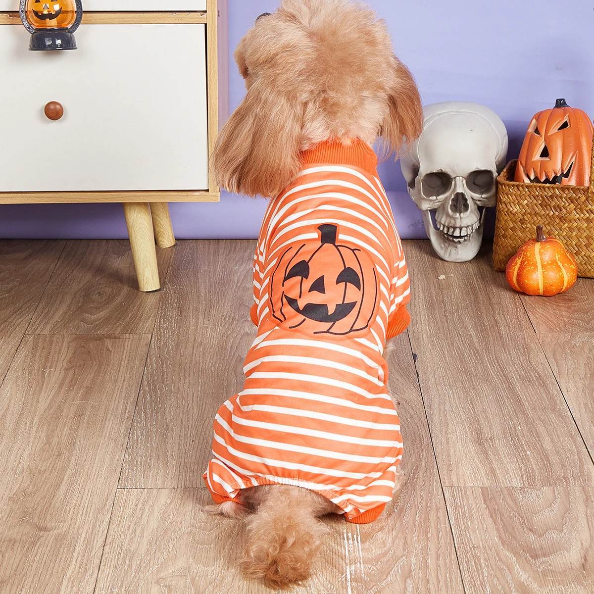 Mono de ropa para perros con calabaza de Halloween, lindo pijama para mascotas a rayas blancas y naranjas, disfraz festivo, mono para fiesta de perros pequeños y gatos