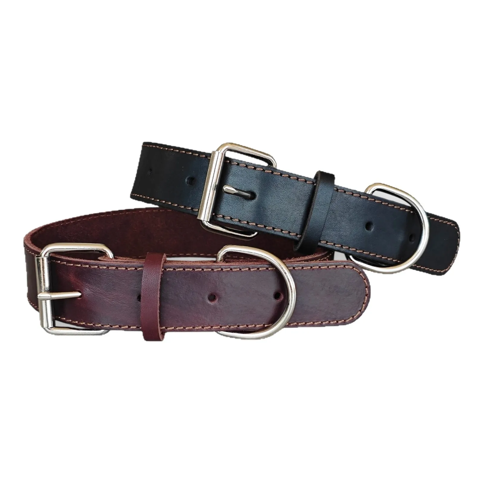 Collar de cuero para perro, collares para perros de cuero auténtico de doble punto auténtico y resistente con Collar ancho de entrenamiento para caminar para perros con hebilla de Metal - imagen 4