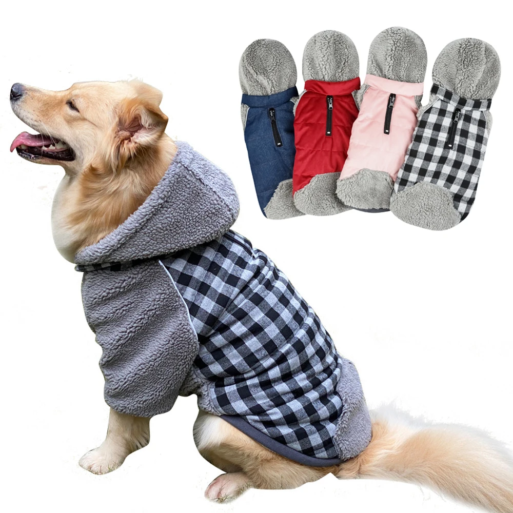 Ropa de invierno para perros, abrigos gruesos y reversibles a cuadros para perros pequeños, medianos y grandes, ropa cálida supersuave con capucha extraíble