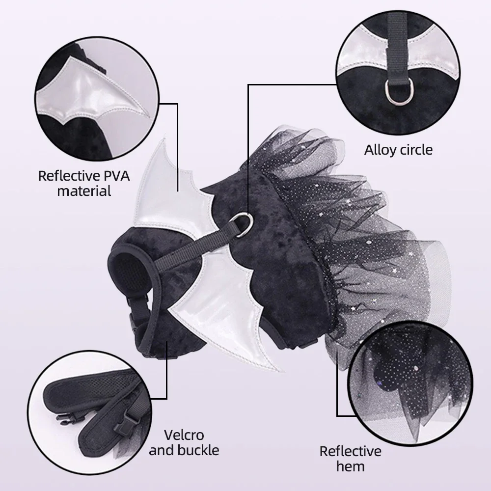 Vestido de Halloween con alas plateadas para perro y gato, arnés para cachorro, traje de Cosplay para perro pequeño, estilo gótico - imagen 2