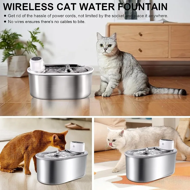 Fuente de agua inalámbrica de acero inoxidable para gatos, dispensador de agua Ultra silencioso para mascotas, bebedero automático con Sensor de movimiento, 3L - imagen 3