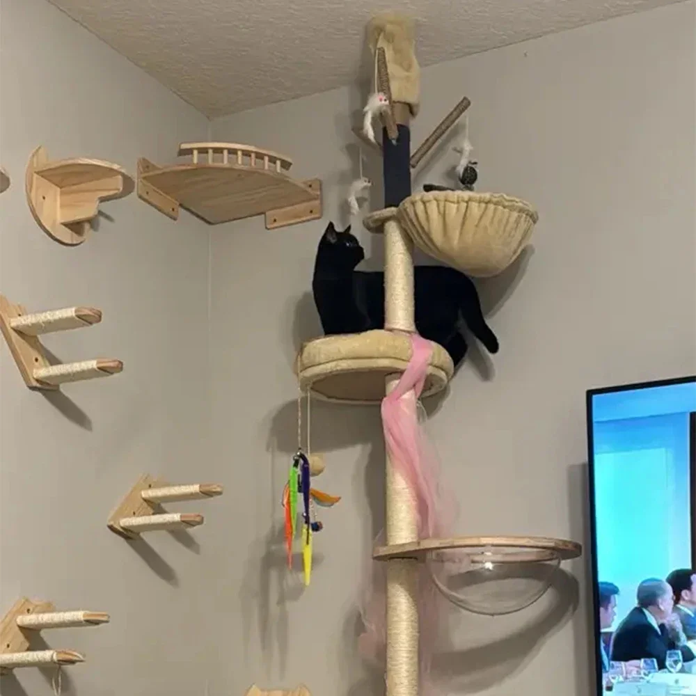 Muebles para gatos colgados en la pared, escalera de escalada de madera con postes rascadores, plataformas para saltar, centro de actividades interior para gatos activos