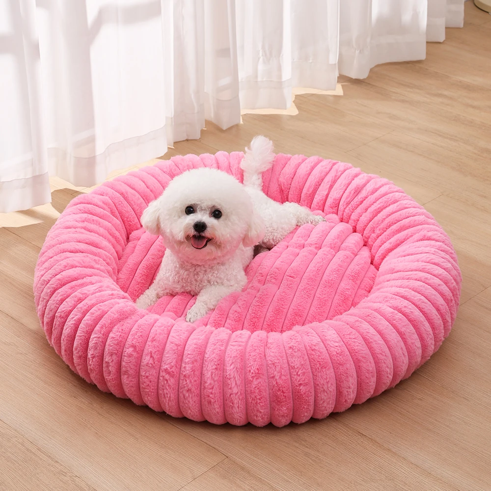 Perrera grande para perro, sofá a rayas, cómodo relleno completo, cama redonda para gato pequeño, elástica, cálida, suave, bonita, accesorios para cama para cachorro