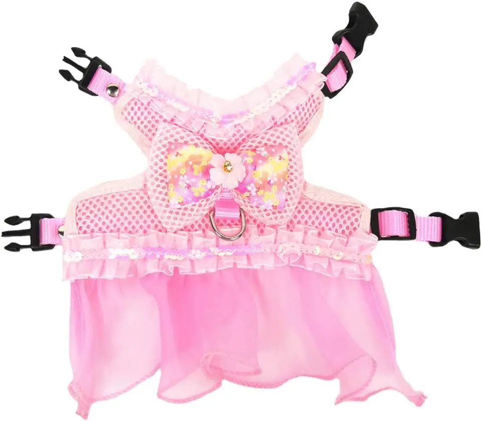 Vestido con lazo para perro, conjunto de correa y arnés para perros pequeños y medianos, falda de tul de malla transpirable con lentejuelas, ropa para perros de diseño lujoso - imagen 2