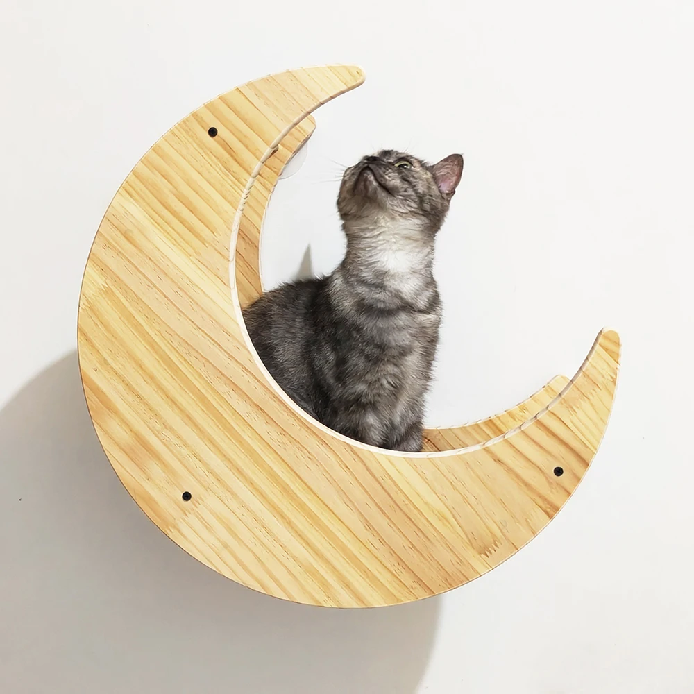 Estante para gatos, hamaca de pared, estantes de escalada en forma de luna y perchas, escalera, escalones de madera maciza para actividades, muebles de pared para gatos de interior - imagen 2