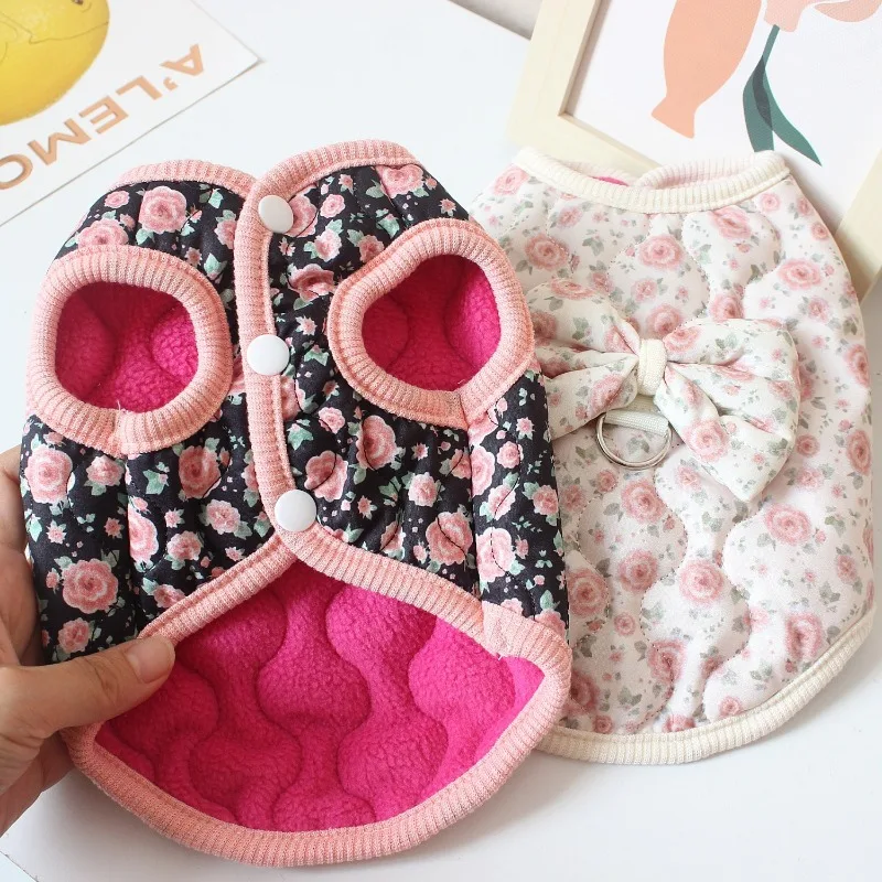 Ins Bow-Chaleco Floral de invierno para mascotas, abrigo cálido con lazo para perros pequeños y gatos, camiseta sin mangas para otoño/invierno, ropa para perros pequeños, ropa para cachorros